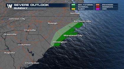 Sunday Severe Risk Ending in Florida but Continuing in the Carolinas