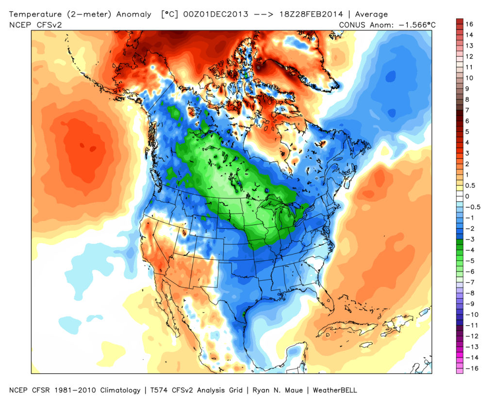 Past 3 months temp anomaly via WeatherBell